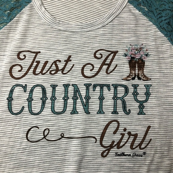 Southern Grace Womens XL Graphic Country Girl Turquoise Lace LS Sleeve - Picture 4 of 12